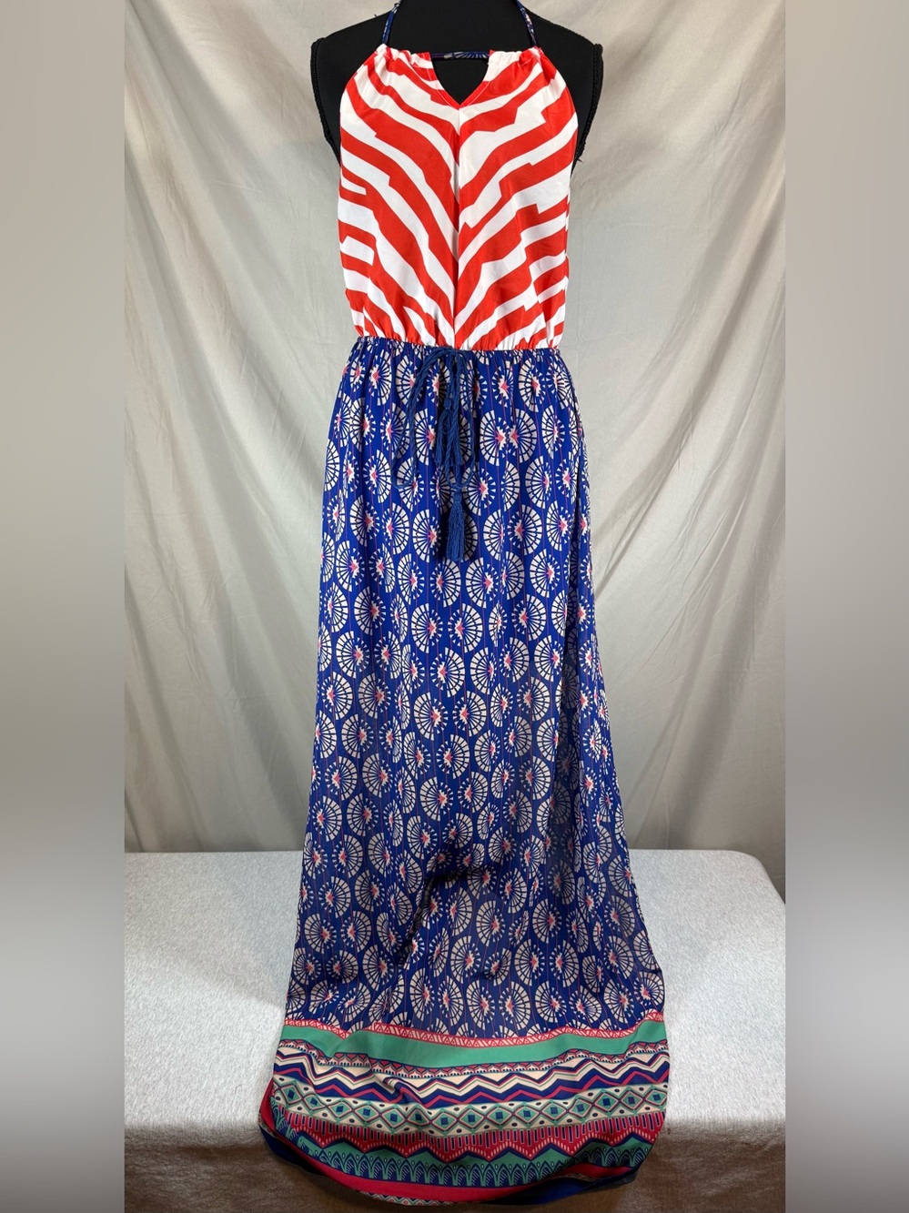 Flying Tomato Halter Maxi Dress‎ Red White Blue Zebra Tribal Print- Size Medium